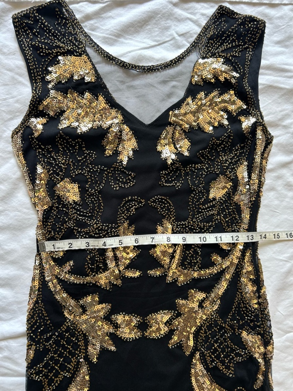 Black Gold Sequin Beaded Formal Dress Size Small Sleeveless Midi Evening Prom - Picture 11 of 12
